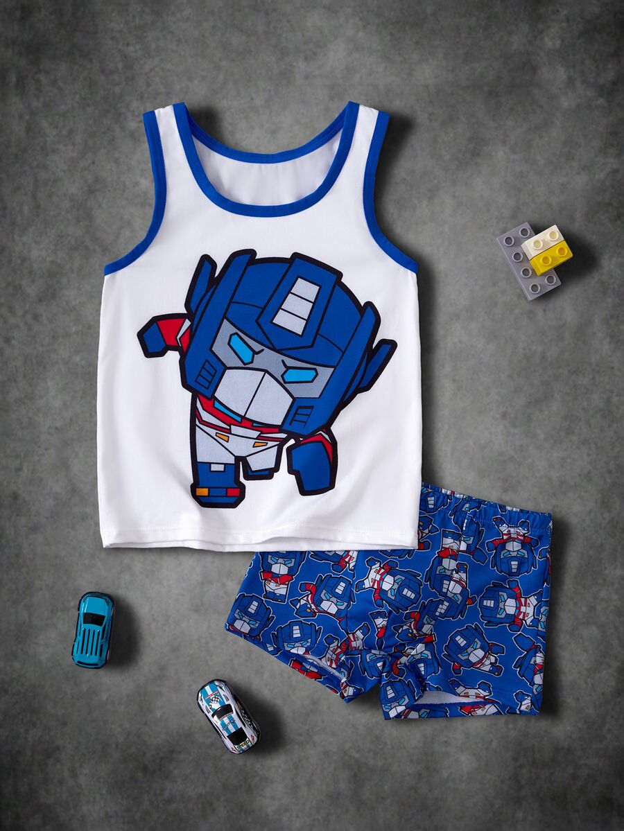 Transformers X SHEIN Young Boy Cartoon Print Colorblock Top & Hipster Underwear Set - Blue and White - View 1