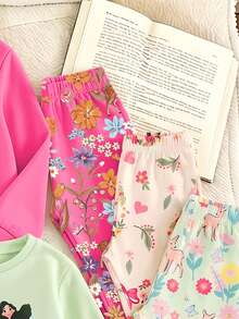 SHEIN 幼童女款公主卡通花卉運動衫與喇叭褲套裝，粉色/綠色/米色（3套組）秋冬款 - 彩色 - 查看 5