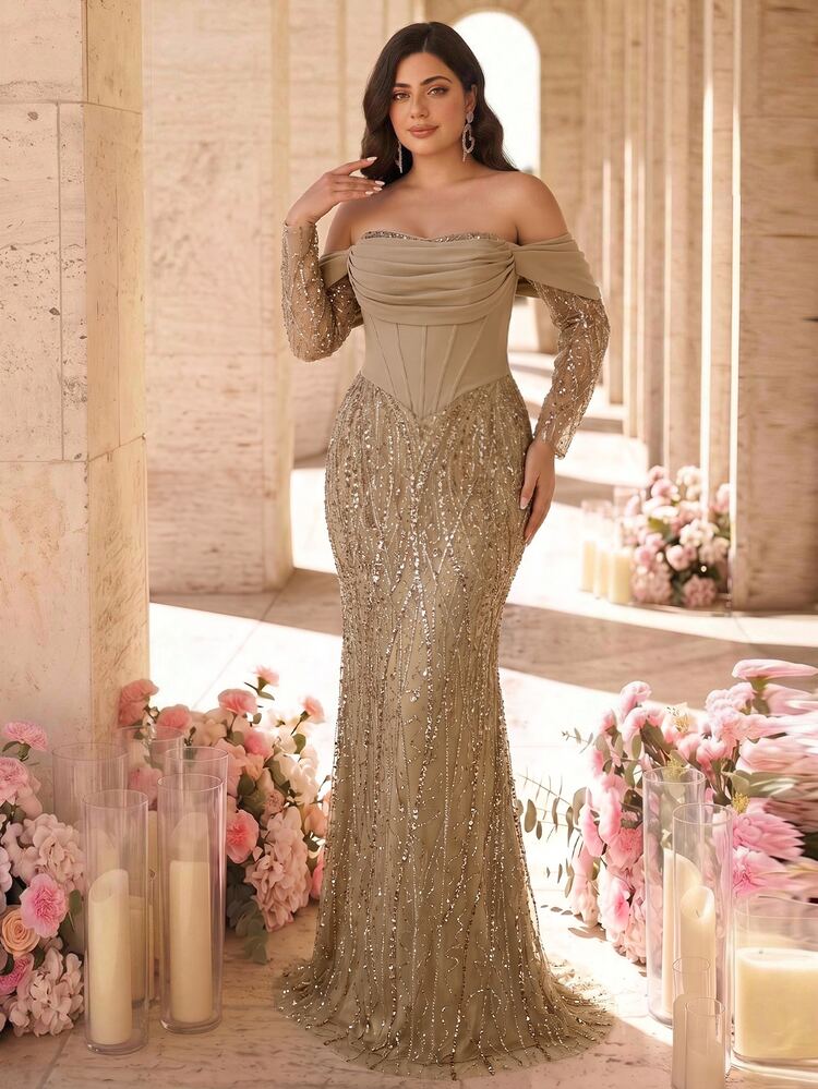 Glamrae Plus Size Elegant Luxurious Beaded Sequin Embroidered Lace Puff Sleeve Patchwork Elastic Knit Ruched Mermaid Skirt For Wedding, Party, Bachelorette, Vacation, Ball, Evening Dress (Heavy Workmanship) - Champagne - View 8