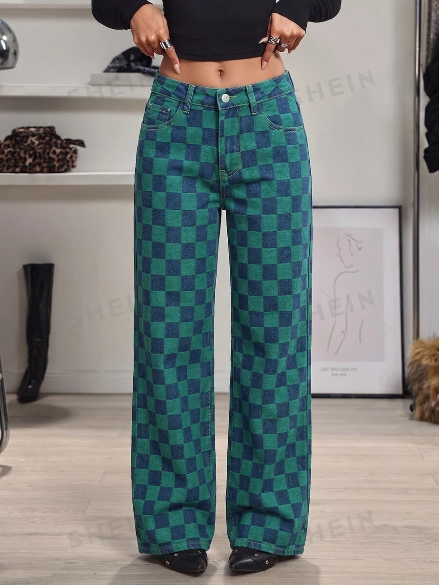 SHEIN Tall 女款迷彩水洗格紋直筒牛仔褲 - 彩色 - 查看 1