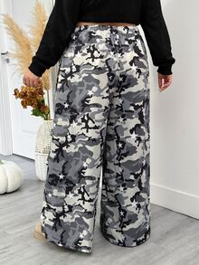 SHEIN CURVE+ Plus Size Women's Spring And Summer Basic Striped Tree Branch Pattern Wide Leg Sports Pants - Grey - View 2