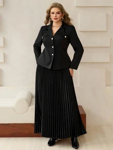 Roveilla Plus Size Elegant Commuter Blazer Sun Pleated Skirt 2 Pieces Set Dinner Formal Black Winter - Black - View 3
