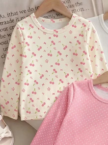 3pcs Girls Floral Cherry Bow Print Long Sleeve Crew Neck Tops, Casual Style For Autumn/Winter Wear - Multicolor - View 5