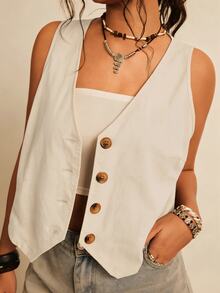 Freevana Plus Size Women Solid Color V-Neck Casual Everyday Vest Fall - Beige - View 5