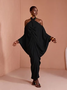 JIAN LASALA Black Chiffon Bat Sleeve Off Shoulder Halter Neck Long Dress - Black - View 4