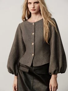 Aveloria Modichic Women's Solid Color Casual Versatile Daily Wear Lantern Sleeve Jacket - Coffee Brown - View 2