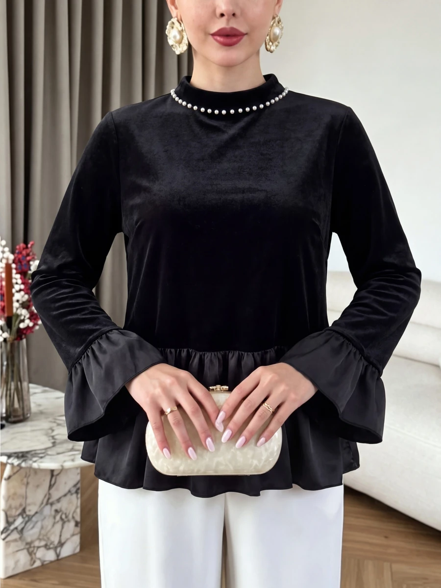 Modelyn Women's Autumn/Winter New Long Sleeve Ruffle Satin Velvet Colorblock Elegant Pearl Small Round Neck Slimming Versatile Plus Size Blouse For Party And Gathering - Black - View 1