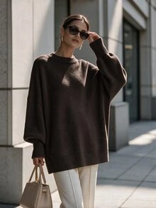 SHEIN 女款復古街頭風純色長袖毛衣，適合日常穿著 - 咖啡棕 - 查看 3