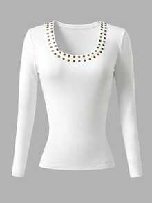 Glimmora Women's Vintage Rhinestone U-Neck Long Sleeve T-Shirt, Casual Slim Fit Basic Ribbed Top, Daily Y2K Inner Layer Base Layer - White - View 4