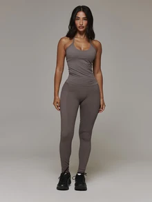 Musera Sport Scoop Front Seamless Logo Back Fitted Long Line Halterneck Active Coord Top Only Sport Essentials Basics Autumn Fall Winter - Grey - View 3