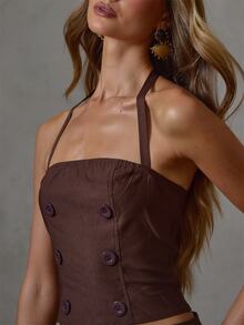 MUSERA Atasan Leher Halter Tenun Cokelat dengan Detail Kancing untuk Musim Gugur dan Musim Dingin, Cocok untuk Sehari-hari, Santai, Jalan-jalan, Gaya Keren, Festival, dan Pesta. - Coklat - View 4