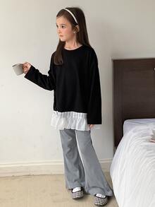 Dazy Kids Tween Girl) Black T-Shirt & Flared Pants Casual Cute Autumn/Winter 2 Pieces Set - Black - View 2
