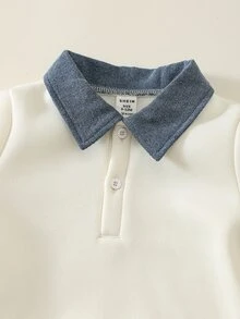 SHEIN 2pcs Baby Boy Autumn/Winter Casual Turn-Down Collar Sweatshirt And Cute Denim Overalls Set, Sweatshirt Set, Denim Set, Overalls Set, Cute Set, Infant Set - Multicolor - View 7