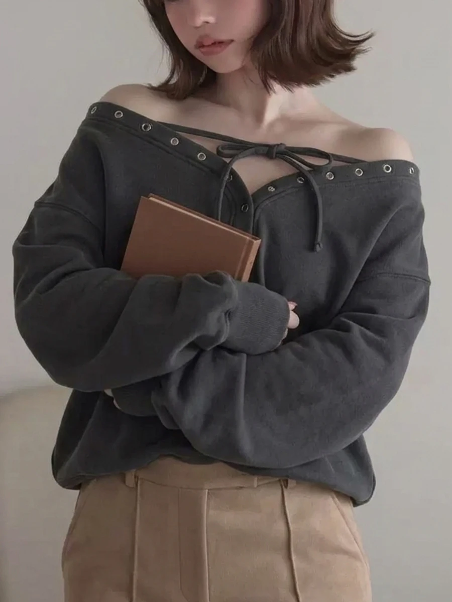 FRIFUL Women's Solid Color Off-Shoulder Casual Daily Long Sleeve Sweatshirt - Grey - View 1