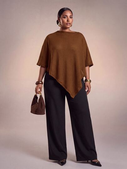Zivah 2026 Autumn Women's Plus Size New Arrival Anniversary Graduation Season All-Match Versatile Cruise Travel Casual Comfortable Multi-Occasion Lightweight Fashion Plus Size Apparel Elegant Romantic Brown Knit Textured Asymmetrical Hem Cover-Up Shawl Top