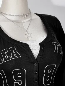 SHEIN ICON تي شيرت نسائي مقاس كبير بطبعة حروف رقمية كاجوال 2 في 1 - الأسود - مشاهدة 9