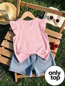 Baby Girl Cute Ruffle Sleeve T-Shirt Sparkly Rhinestone Cherry Graphic Print Tees Summer Casual Flutter Sleeve Tops - Pink - View 2