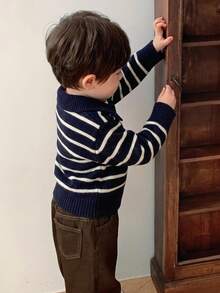 Hapijoa 幼兒男孩秋冬拼色二合一長袖針織衫 - 藏蓝色 - 查看 3