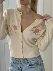 Strévra Women's Winter Beige Round Neck Button Cable Knit Long Sleeve Slim Fit Ribbed Cardigan - Beige - View 6