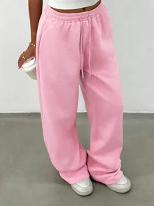 SHEIN 女款直筒寬鬆長款運動褲，休閒四季通用長褲，優雅舒適設計，休閒戶外運動褲，粉色休閒運動長褲 - 粉色 - 查看 3
