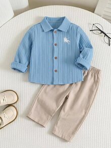 男女嬰兒/男嬰 2件組秋冬休閒學院風襯衫套裝，男嬰套裝 - 彩色 - 查看 1