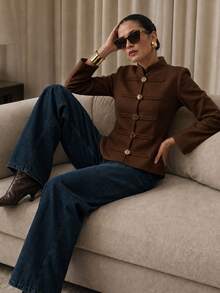 SHEIN PariChic 秋季新品 柔和棕色復古金鈕扣與環扣細節 立領長袖通勤修身短夾克 - 咖啡棕 - 查看 3