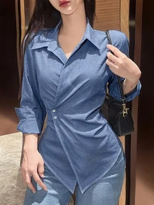 SHEIN LUNE 女款素色長袖裹身式襯衫，春秋女式上衣 - 藍色 - 查看 1