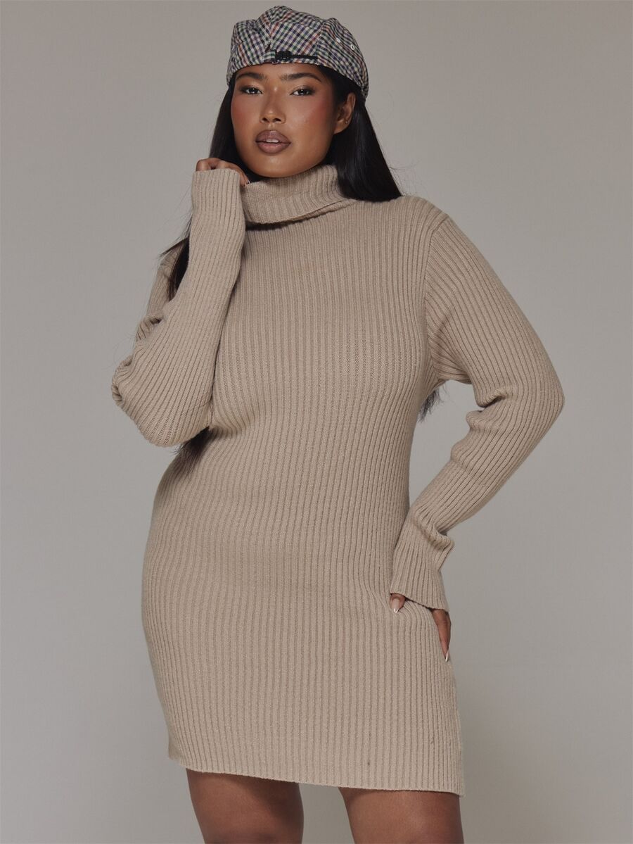 MUSERA Plus Size Beige Ribbed Turtleneck Knit Mini Sweater Dress Spring Summer Casual Everyday Day Outfit Going Out - Camel - View 1