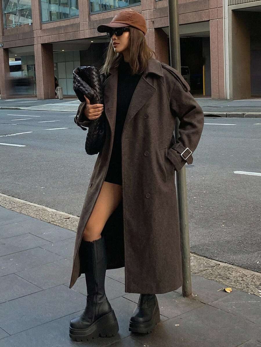 DAZY 女款深棕色翻領雙排扣綁腰寬鬆長版羊毛混紡風衣 - 鏽棕色 - 查看 1