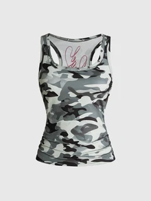 ROMWE Y2K Women's Vintage Sexy Hot Girl All-Match Versatile English Logo Embroidered U-Neck Five-Point Star Studded Camouflage Contrast Color Tank Top - Army Green - View 2