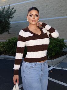 SHEIN SXY Women's V-Neck Long Sleeve Contrast Color Striped Casual Sweater - Multicolor - View 5