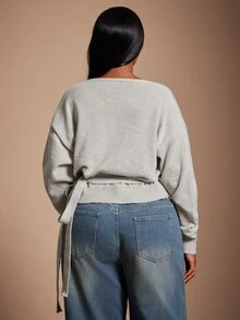 SHEIN SXY Light Gray V-Neck Overlap Tie Long Sleeve Cropped Sweater - Light Grey - View 2