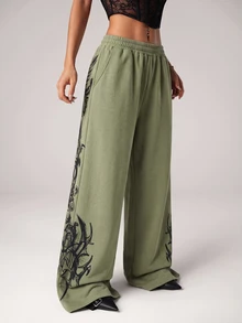 SHEIN ICON Plus Size Women Gothic Print Elastic Waist Pockets Loose Fit Long Pants - Army Green - View 3