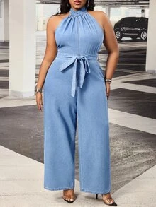 Slaydiva Summer New Sexy Halter Neck Loose Fit Plus Size Denim Jumpsuit - Blue - View 1