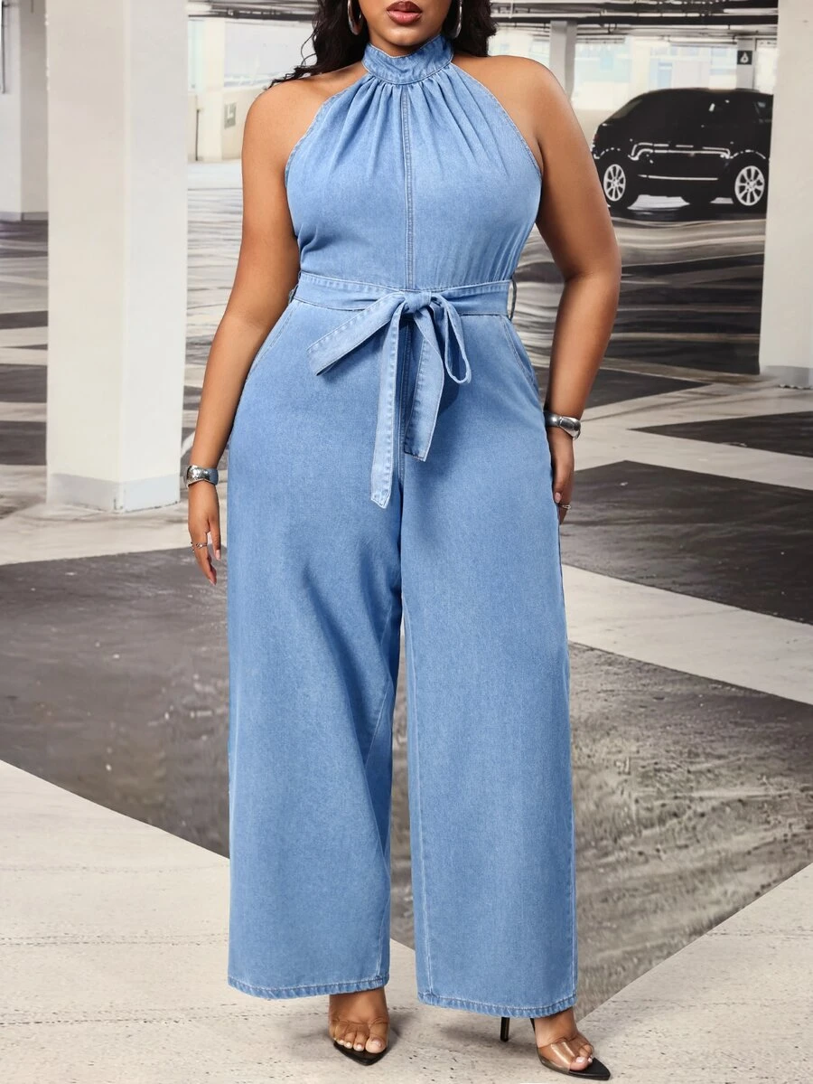 Slaydiva Summer New Sexy Halter Neck Loose Fit Plus Size Denim Jumpsuit - Blue - View 1