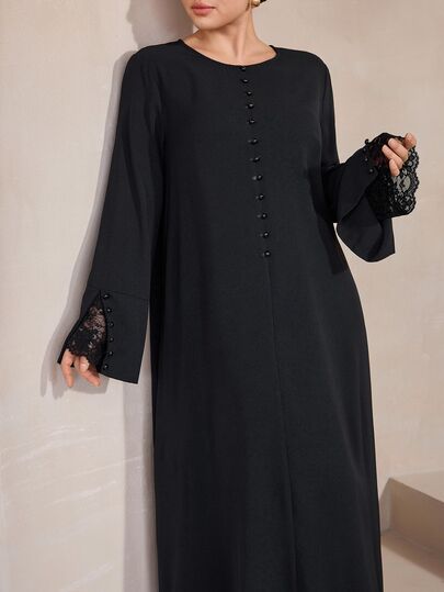 Graceveil Women's Elegant Lace Patchwork Long Sleeve Round Neck Regular Fit Arabian Dress, Black, Evening Gown/Cocktail Dress, Spring/Autumn