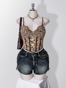 SHEIN ICON Women's Plus Size Lace Camisole Tank Top - Brown - View 5