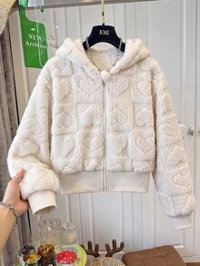 SHEIN 1件女童連帽長袖拉鍊短夾克，厚針織長毛緹花，柔軟羊羔絨，毛絨質感，保暖，羅紋袖口與下擺，保溫性佳，版型加強，適合日常、街頭、週末休閒等多場景 - 白色 - 查看 4