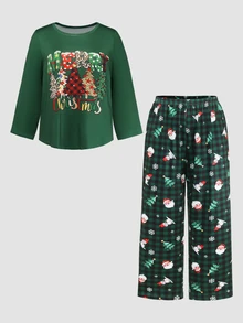 Chillnights Plus Size Women's Christmas Tree Print Long Sleeve Top And Pants Pajama Set - Green - View 1