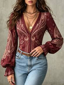 Glimmora Women's Spring/Autumn New Bohemian Style Vacation Print Deep V-Neck Button Decor Open Front Blouse With Cinched Waist And Extra Long Flared Sleeves - Burgundy - View 6