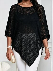 SHEIN Lady CURVE Plus Size Women's Round Neck Asymmetrical Hem Loose Knit Pullover Sweater Fall - Black - View 4