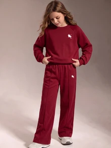 SHEIN 青少年女孩 2件/套休閒運動風酒紅色秋季返校套裝，長袖運動衫與寬鬆寬腿長褲 - 酒紅色 - 查看 4