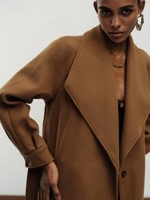 Aveloria Modichic Women Overcoat Oversized Wrap Woolen Wide Lapel Belted Raglan Lantern Sleeve Elegant Camel Solid Camel Coat Office Outfit Minimalist Thanksgiving - Brown - View 4