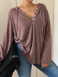 Vibekara 休閒優雅極簡學院風連帽寬鬆顯瘦套頭打底 T-shirt，大尺碼女款秋冬季 - 紫色 - 查看 1