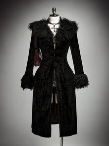 SHEIN ICON معطف طويل قوطي من المخمل مع ياقة فرو وتصميم رقعات بياقة على شكل حرف V، مقاس كبير، ستايل Y2K عتيق، جاكيت ساحرة هالوين - الأسود - مشاهدة 1