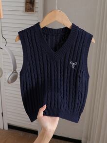 SHEIN (Tween Girl) 海軍藍 V 領心形刺繡針織背心毛衣，柔軟舒適，適合日常穿著、外出、旅行、度假、上學、托兒所與玩樂 - 藏蓝色 - 查看 1
