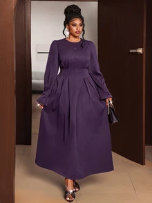Maweii فستان ميدي بني من الكوردروي بأكمام طويلة وخصر مشدود للربيع مقاس كبير مناسب للتنقل اليومي - الأرجواني - مشاهدة 1