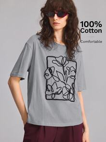 Ontre 女款舒適高級面料刺繡修身圓領落肩短袖前繩刺繡高級工藝裝飾弧形下擺四季百搭現代辦公穿著低調老錢風優雅高品質通勤機場度假遊牧休閒時尚演唱會穿搭精緻工藝特別系列T恤 - 灰色 - 查看 3