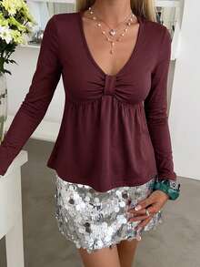 DAZY Women's V-Neck Solid Color Fashion Long Sleeve T-Shirt - Pink - View 4