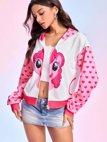 My Little Pony X SHEIN Women's Heart Print Drop Shoulder Long Sleeve Zip-Up Hoodie G4 - Pink - View 3